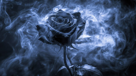 A captivating dark blue rose emerges from a swirl of ethereal smoke, evoking a sense of mystery and elegance, perfect for creative projects and artistic expressions.の素材