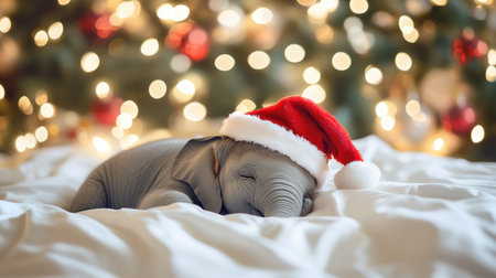 This endearing image features a baby elephant asleep on a plush blanket, adorned with a festive Santa hat, set against a beautifully lit Christmas tree backdrop.の素材