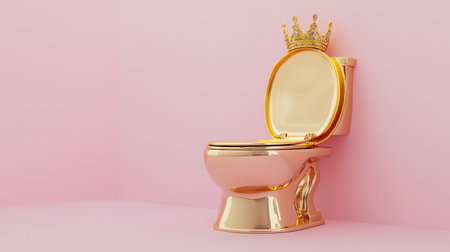 This quirky image features a golden toilet adorned with a crown, set against a soft pink background, merging humor with luxury for unique decor inspiration.の素材