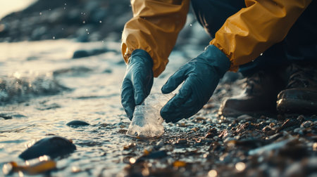 A dedicated individual in a bright yellow jacket collects plastic waste from the shoreline, highlighting the importance of environmental care and sustainable practices.の素材