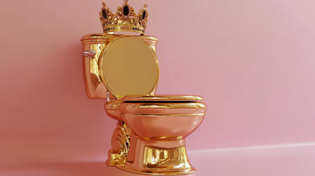 A striking golden toilet adorned with a crown, set against a soft pink backdrop. This eye-catching design combines humor and luxury, perfect for unique bathroom decor.の素材