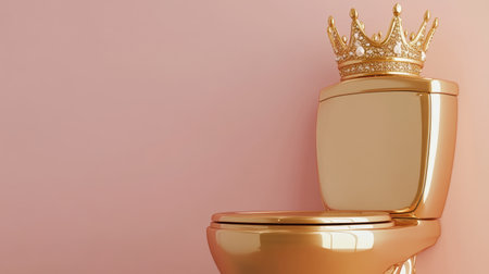 This unique image features a glamorous golden toilet topped with a sparkling crown, set against a soft pink background, capturing a playful yet luxurious essence for bathroom decor.の素材