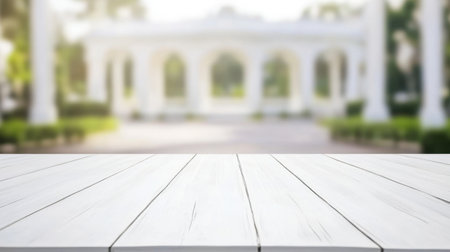 A serene outdoor setting featuring a beautifully blurred pavilion with white columns, viewed from a rustic wooden table, inviting feelings of peace and tranquility.の素材