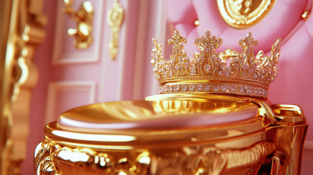 This striking image features a golden toilet adorned with a crown in a lavish pink room, perfectly blending humor with luxury in modern interior design.の素材