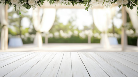 A beautiful wedding venue featuring floral decorations, soft lighting, and a serene outdoor setting, perfect for capturing memorable moments of love and celebration.の素材