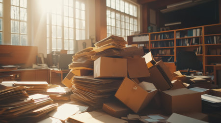 A sunlit office scene depicts a chaotic workspace filled with piles of paper documents and cardboard boxes, highlighting the challenges of maintaining an organized environment.の素材