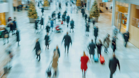 A dynamic view of a busy shopping mall filled with people moving about during the festive holiday season, highlighted by beautifully decorated Christmas trees and a lively atmosphere.の素材