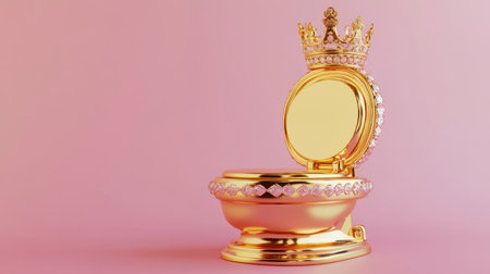 A stunning golden toilet adorned with a crown and decorative jewels set against a soft pink background, ideal for adding a playful yet luxurious touch to any creative project.の素材