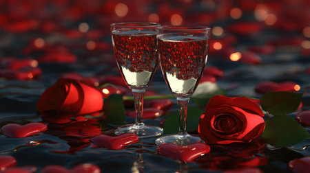 A romantic setting featuring two elegant glasses filled with sparkling water, nestled among vibrant red rose petals and hearts, creating a captivating ambiance.の素材