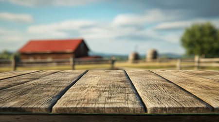 A rustic wooden table surface is shown with a blurred farmhouse and countryside landscape in the background, creating a perfect atmosphere for nature-inspired themes.の素材