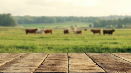 A rustic wooden table sits in the foreground, offering a view of a soft-focus pasture with grazing cows, embodying the essence of serene countryside life.の素材