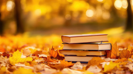 A beautiful image showcasing a stack of vintage books placed among bright autumn leaves, highlighting the warmth and tranquility of the fall season in an outdoor setting.の素材