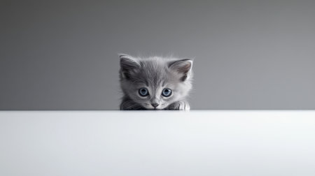 This charming image features a playful grey kitten with striking blue eyes peering curiously over a white surface, evoking feelings of warmth and innocence.の素材