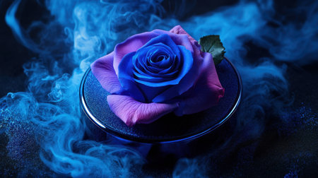 This stunning image features a captivating blue and pink rose resting atop a dark platform, enveloped in enchanting wispy blue smoke, creating a mystical ambiance.の素材