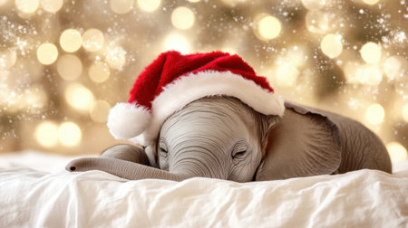 A sweet baby elephant peacefully sleeps on a soft blanket, wearing a festive Santa hat, with a backdrop of glowing holiday lights for a heartwarming seasonal touch.の素材
