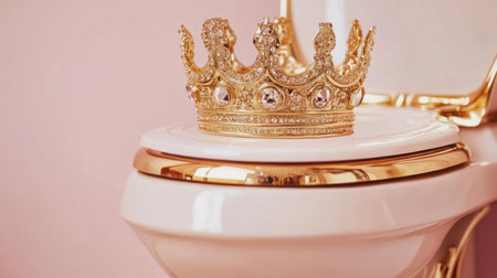 A stunning gold crown adorns a pristine white toilet, creating an unexpected blend of luxury and humor in a beautifully styled bathroom space.の素材