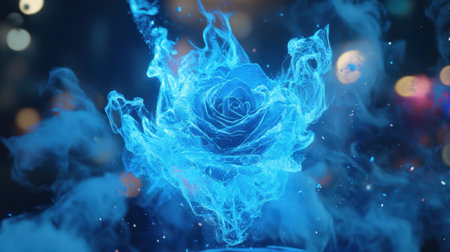A stunning blue flame rose emerges from swirling smoke, creating an ethereal visual experience. This artwork captures fantasy and abstract beauty, perfect for creative projects.の素材