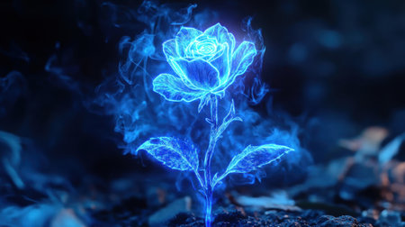 This captivating image features a glowing blue rose emerging from ethereal smoke, creating an enchanting and mystical atmosphere perfect for artistic expression and fantasy themes.の素材