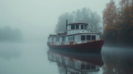 A hauntingly beautiful scene of an abandoned boat floating on a foggy river, surrounded by autumn trees. The tranquil atmosphere invites reflection and exploration of nature's mysteries.の素材