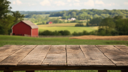 A rustic wooden table sits in a lush green field, with a charming red barn and rolling hills in the background. The bright blue sky enhances the peaceful countryside atmosphere.の素材