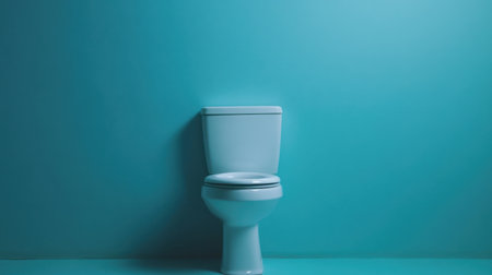 A striking modern toilet set against a vibrant turquoise wall, showcasing a minimalist design ideal for contemporary bathroom decor and thoughtful interior styling.の素材