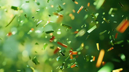 Bright paper shreds in green tones create a lively atmosphere, ideal for various artistic and creative projects. Perfect for backgrounds and dynamic visuals.の素材