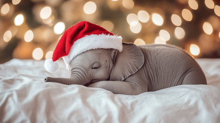 An adorable baby elephant peacefully sleeping on a soft bed, wearing a festive Santa hat, creating a heartwarming scene perfect for holiday celebrations and winter joy.の素材