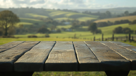 A rustic wooden table offers a serene view of rolling green hills and a soft sky dotted with clouds, creating a perfect setting for relaxation in nature.の素材