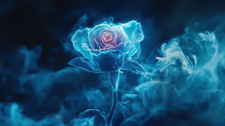 A stunning blue rose emerges from a veil of ethereal smoke, creating a magical and enchanting visual that captures nature's beauty and intricate details.の素材