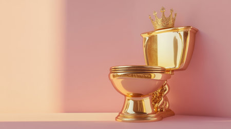 This image features a luxurious golden toilet adorned with a crown against a soft pink background, highlighting themes of humor, opulence, and creative bathroom design.の素材