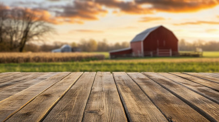 A rustic wooden table with a blurred barn and sunset backdrop creates a serene rural atmosphere, perfect for showcasing nature and tranquility in an agricultural setting.の素材