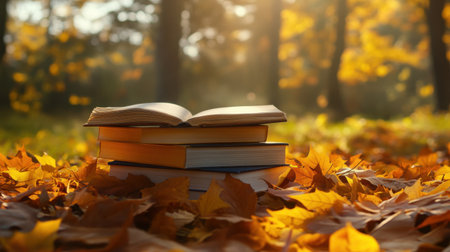 A tranquil scene of open books resting on a stack surrounded by colorful autumn leaves, illuminated by soft sunlight, inspiring reading and connection with nature.の素材