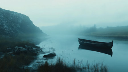 A serene and misty landscape captures an abandoned canoe resting in tranquil waters, surrounded by rocky hills and tall reeds, evoking a feeling of calm and solitude.の素材