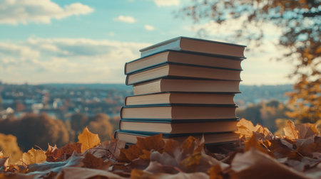 A captivating stack of books rests among colorful autumn leaves, framed by a scenic city view under a sky filled with dramatic clouds during golden hour.の素材