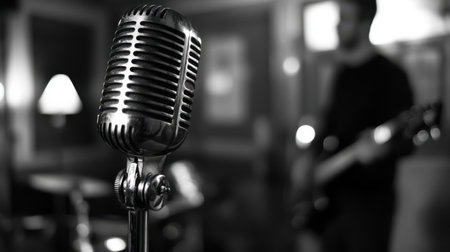 A beautifully captured vintage microphone stands in the foreground, while a musician plays in the background, evoking a timeless atmosphere of live music and artistic expression.の素材
