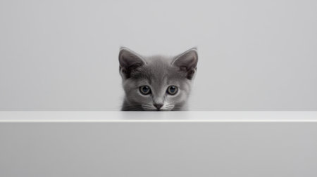 This enchanting image features a charming gray kitten peeking over a white surface, showcasing its curious expression and soft features in a minimalist setting.の素材