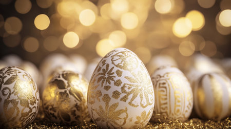 A collection of beautifully decorated white and gold Easter eggs rests elegantly against a soft golden bokeh backdrop, capturing the essence of spring celebrations and festive decor.の素材