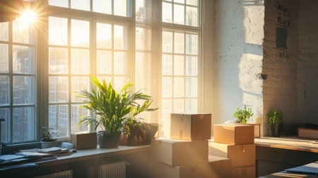 A serene workspace bathed in warm sunlight, featuring potted plants and cardboard boxes, creating a welcoming atmosphere ideal for productivity and relaxation.の素材