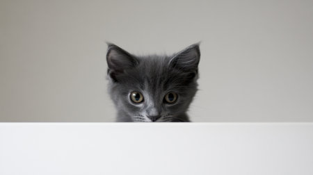 A captivating gray kitten peeks over a white surface, showcasing its playful curiosity and charming innocence in a minimalist, serene environment. Perfect for animal lovers!の素材