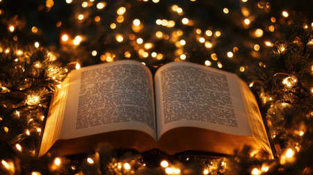 An enchanting open book rests amidst twinkling fairy lights, creating a serene atmosphere perfect for holiday reading and reflecting on seasonal stories.の素材