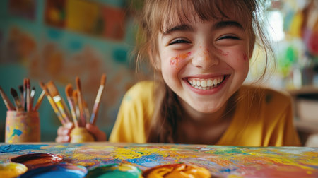 A cheerful young girl with a bright smile enjoys her colorful painting experience in an artistic workspace filled with vibrant paints and playful creativity.の素材