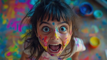 A joyful child with a painted face showcases pure excitement and creativity in a vibrant indoor setting filled with colorful paints and playful expressions.の素材