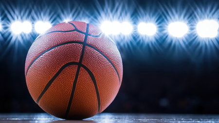 A dynamic image featuring a basketball on the court, illuminated by bright stadium lights, highlighting the tension and excitement of competitive sports.の素材
