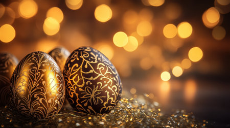 Discover the charm of elegant Easter eggs adorned with intricate patterns, set against a warm, sparkling bokeh background, perfect for festive celebrations and springtime gatherings.の素材