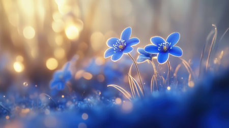 Enchanting close-up of blue flowers in a soft focus setting, illuminated by dreamy bokeh lights. A perfect representation of spring's delicate beauty in nature.の素材
