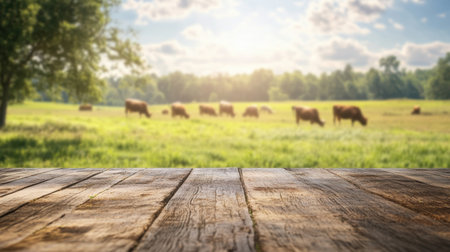 A beautiful pastoral scene featuring cows grazing in a lush green field under a bright sky. The image captures the essence of tranquility and rural charm in nature.の素材