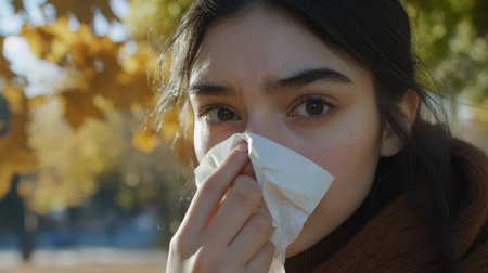 A young woman experiences allergy symptoms in an autumn park, gently wiping her nose with a tissue while surrounded by warm golden leaves and a soft blurred background.の素材