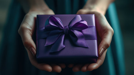 A lovely image of a woman presenting a purple gift box, wrapped with a ribbon, capturing the essence of celebration and joyful moments in a beautifully lit setting.の素材