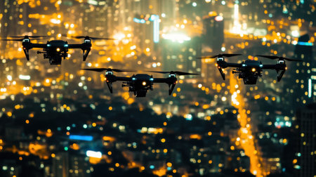 Stunning image of drones flying over a bustling city at night, showcasing a vibrant urban landscape illuminated by dazzling lights and dynamic architecture.の素材
