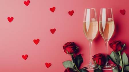 Two elegant champagne glasses with bubbly drinks sit beside vibrant red roses and heart decorations on a soft pink background, ideal for romantic occasions and celebrations of love.の素材